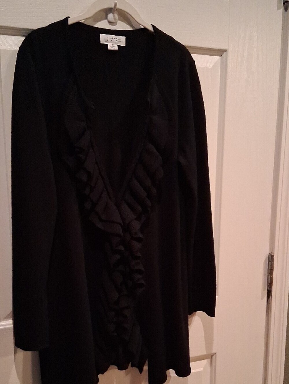 ♟️📸 Jet Black Ruffle-Front Open Cardigan Sweater - Picture 5 of 12